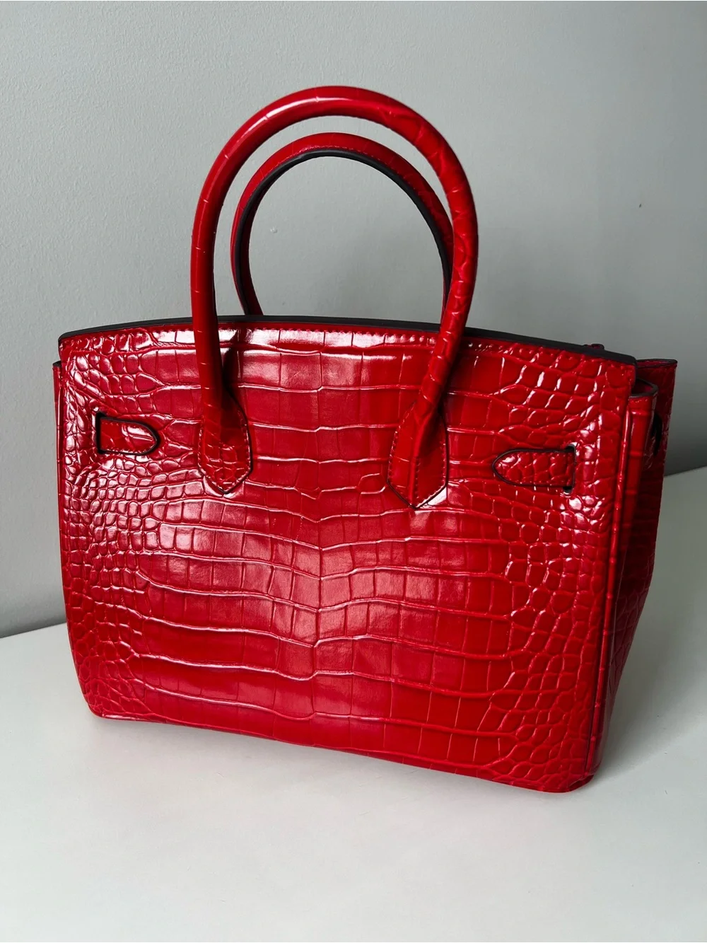 Red Croc-Embossed Structured Top-Handle Bag
